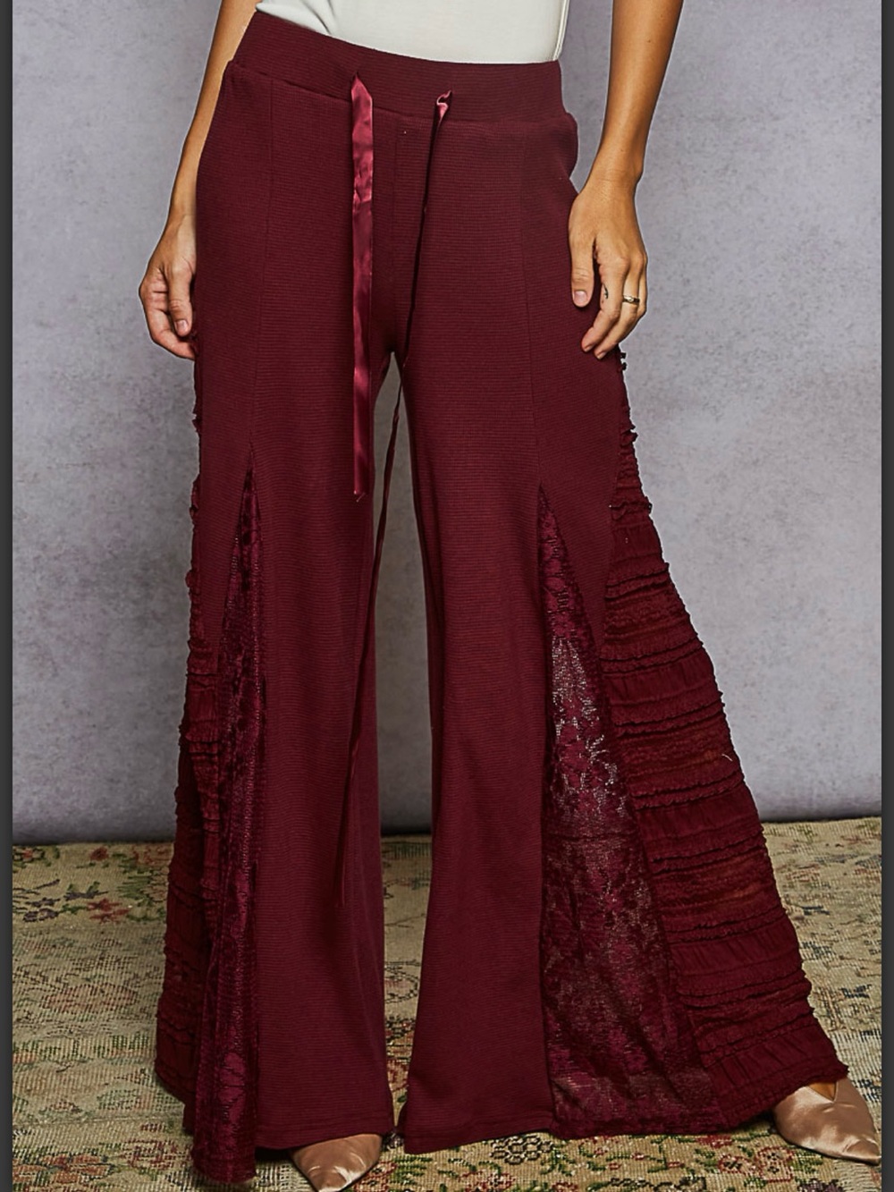POL Thermal Lace Mix Wide Leg Pants NWOT Large Boho Romantic